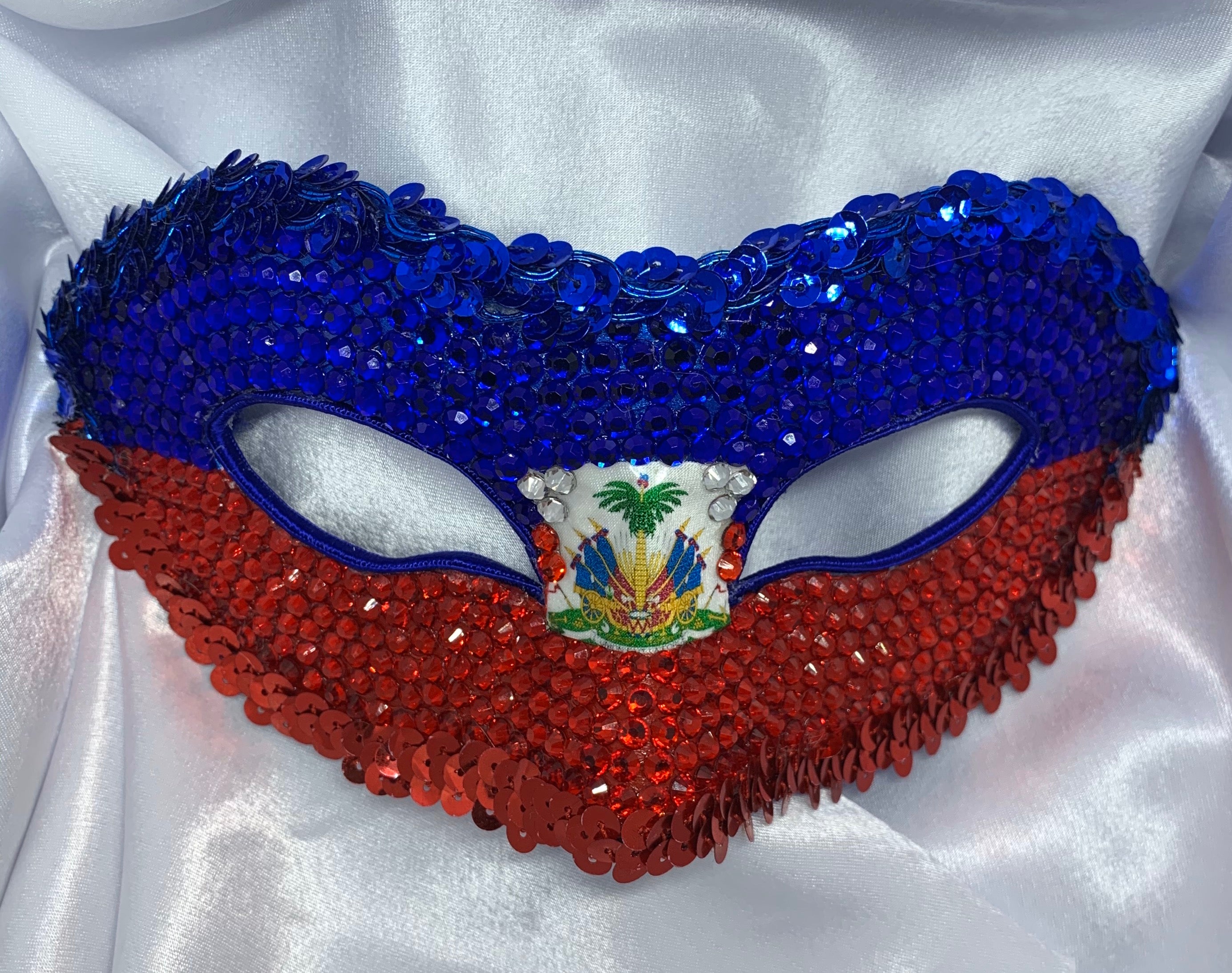 Haiti Rhinestone Half Mask — Handcrafted Haitian Flag Carnival Masquerade
