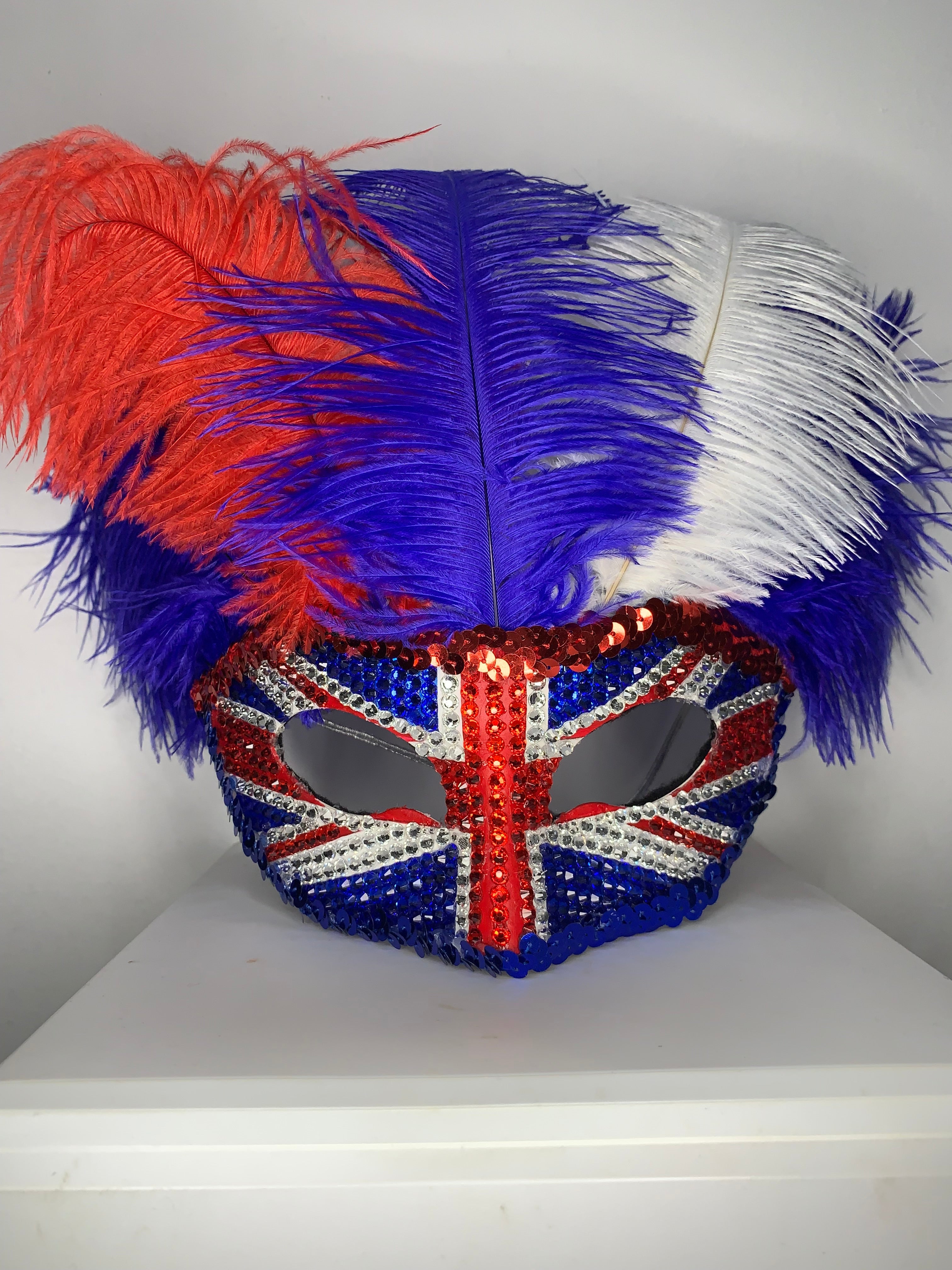 Union Jack Rhinestone Half Mask — Handcrafted Feather Masquerade Headpiece
