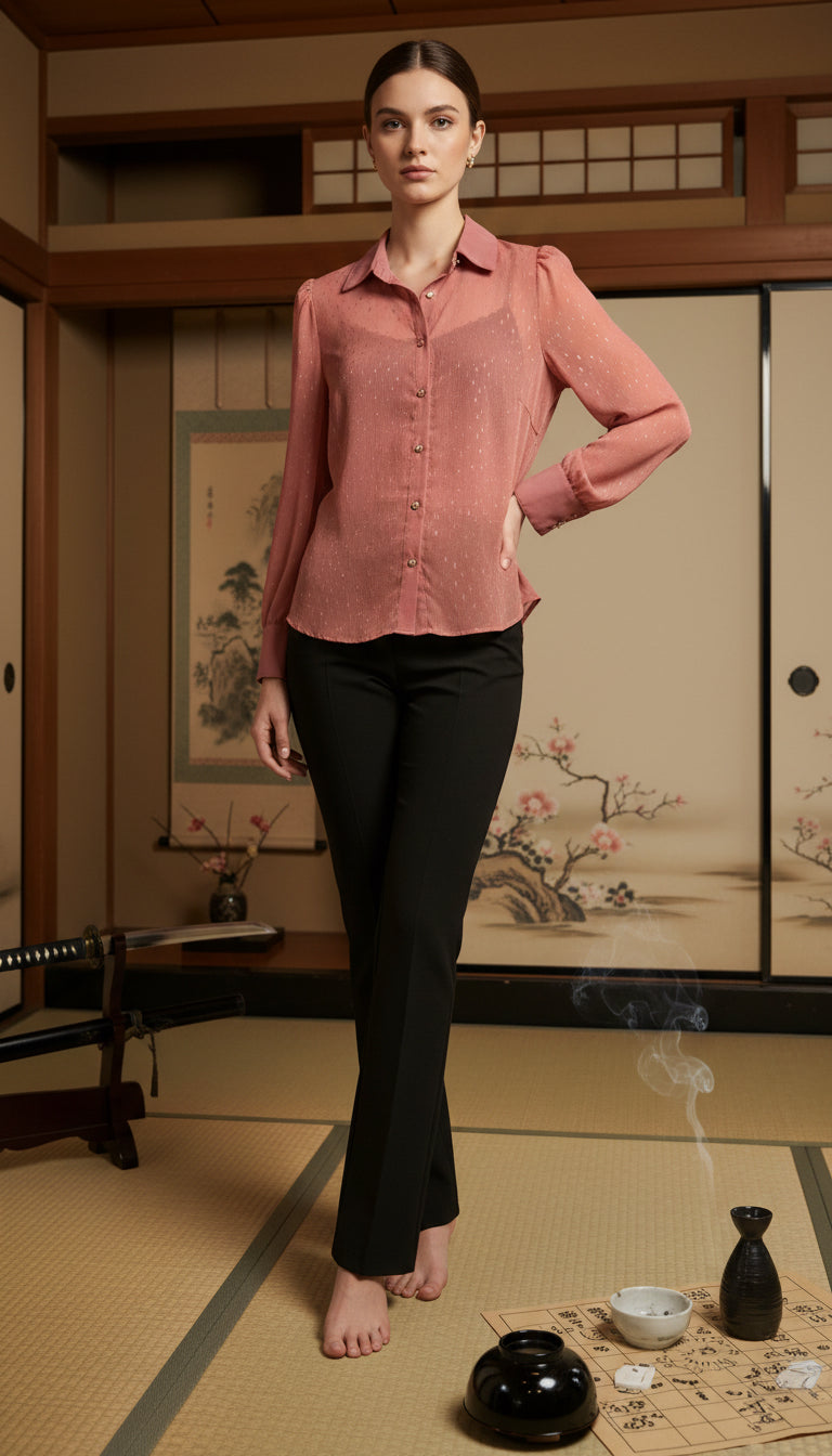 Long Sleeve Blouse - Sheer Pink w/ Gold Dots & Cami included