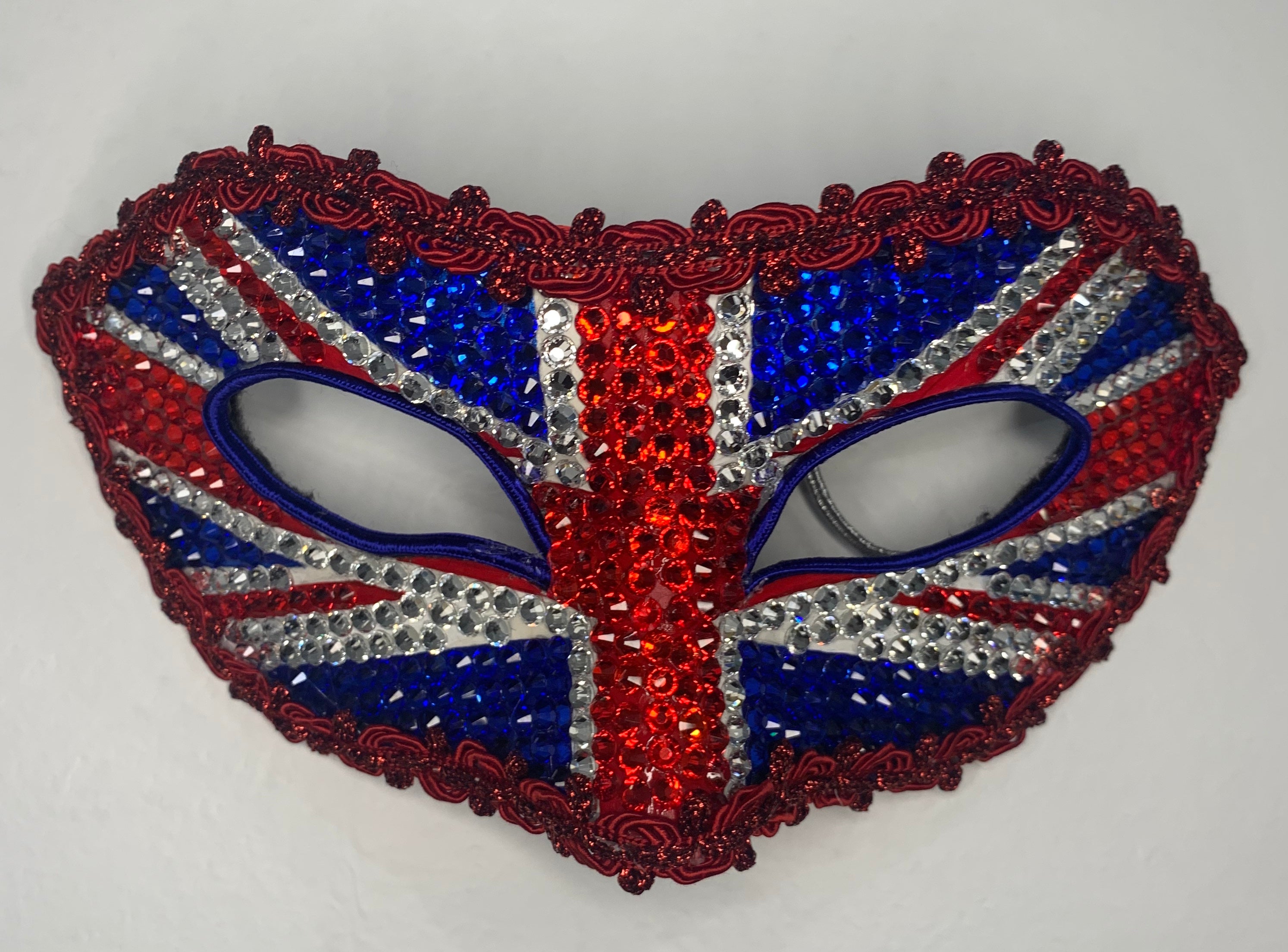 Union Jack Rhinestone Half Mask — Handcrafted Feather Masquerade Headpiece