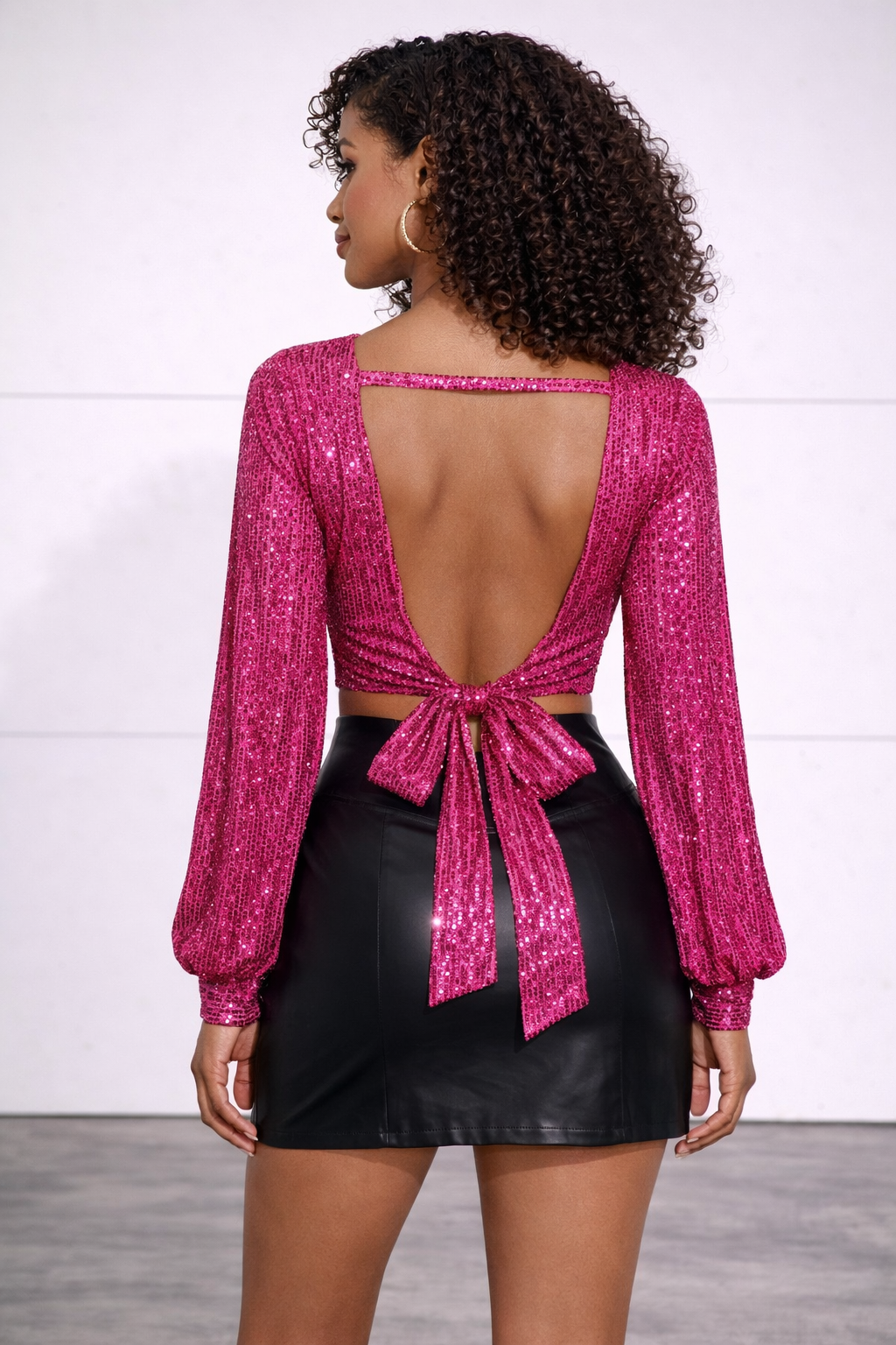 Fuchsia Sequin Long Sleeve Cropped Top