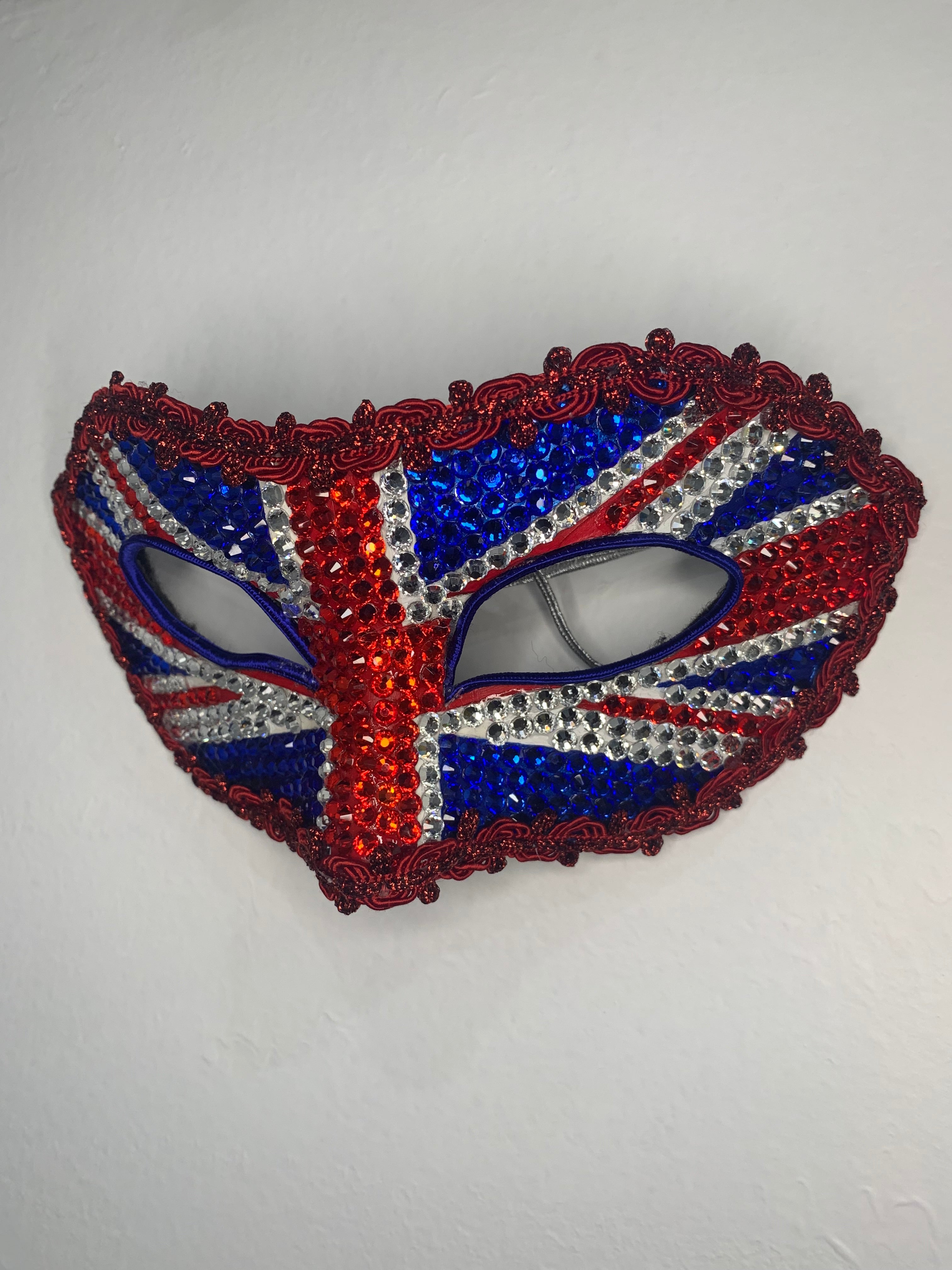 Union Jack Rhinestone Half Mask — Handcrafted Feather Masquerade Headpiece