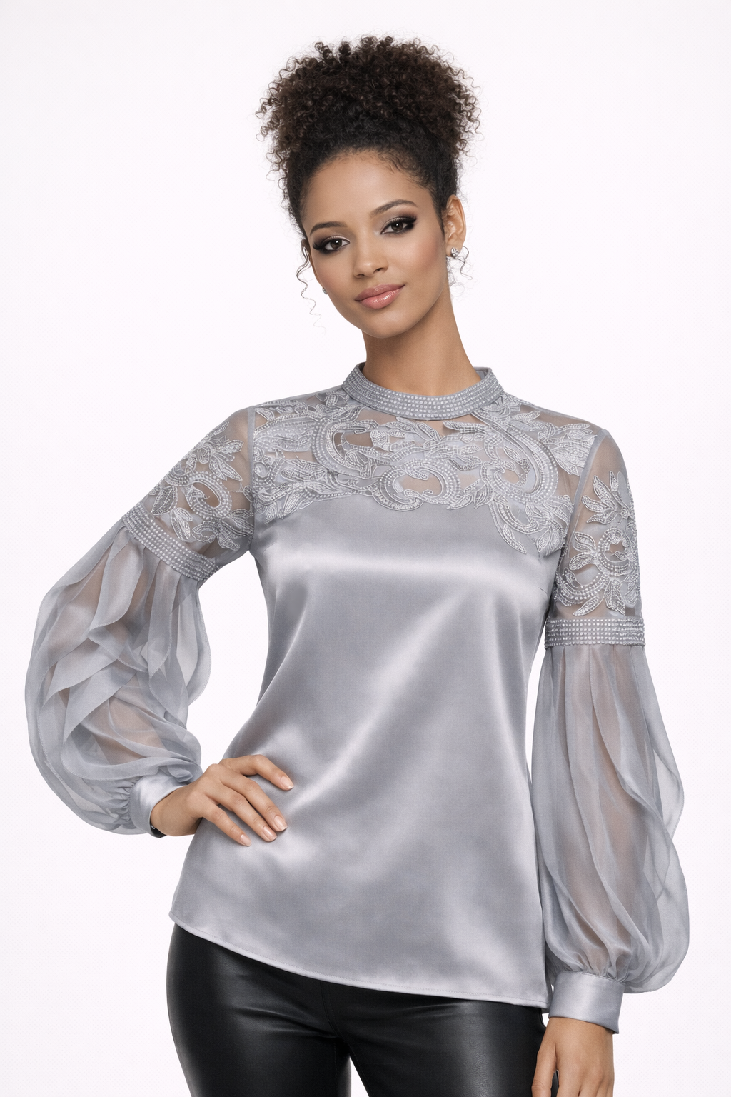Grey Silk Sheer Flare Blouse — 100% Pure Silk Long Sleeve