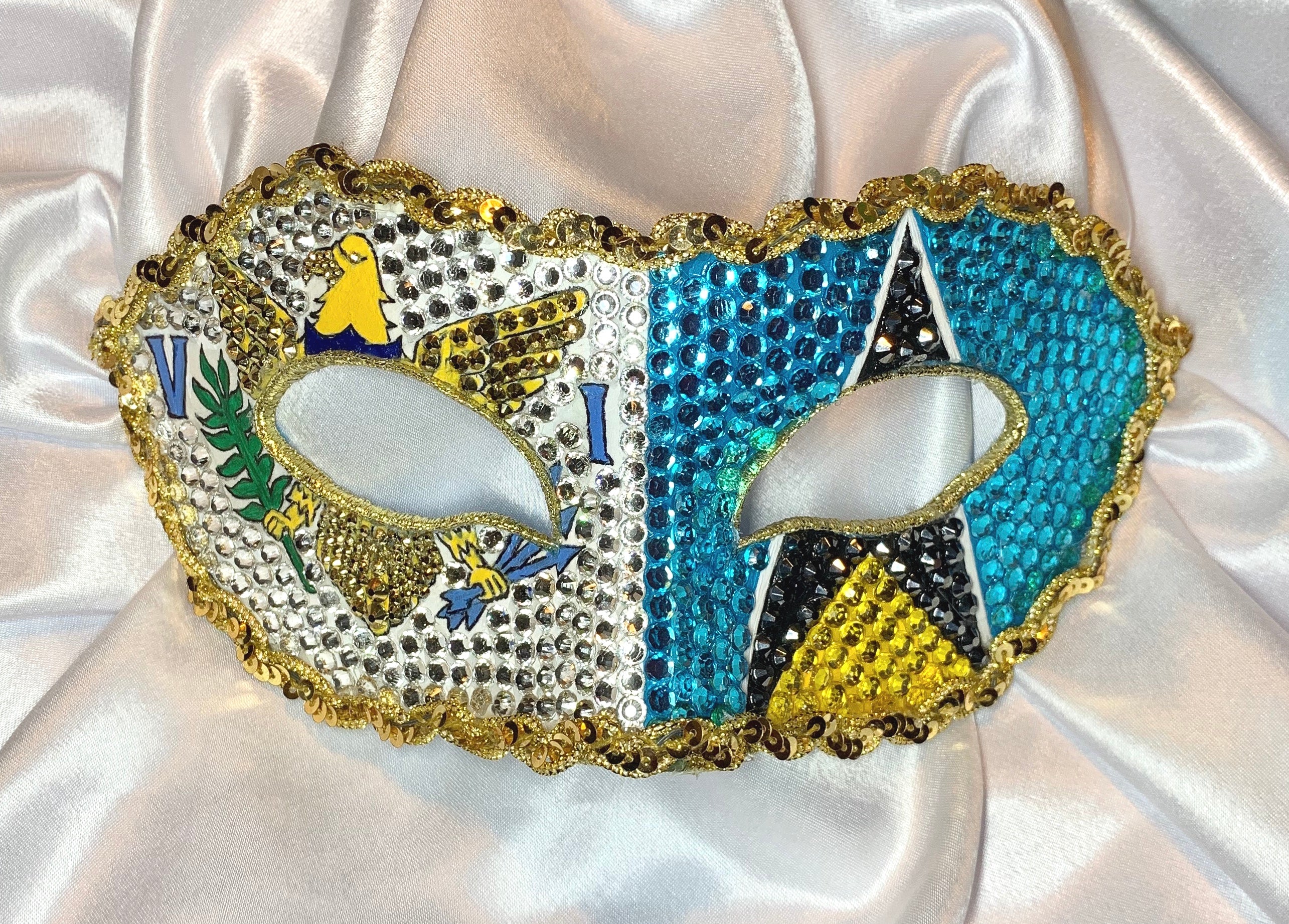 USVI & Saint Lucia Rhinestone Half Mask — Handcrafted Feather Masquerade Headpiece