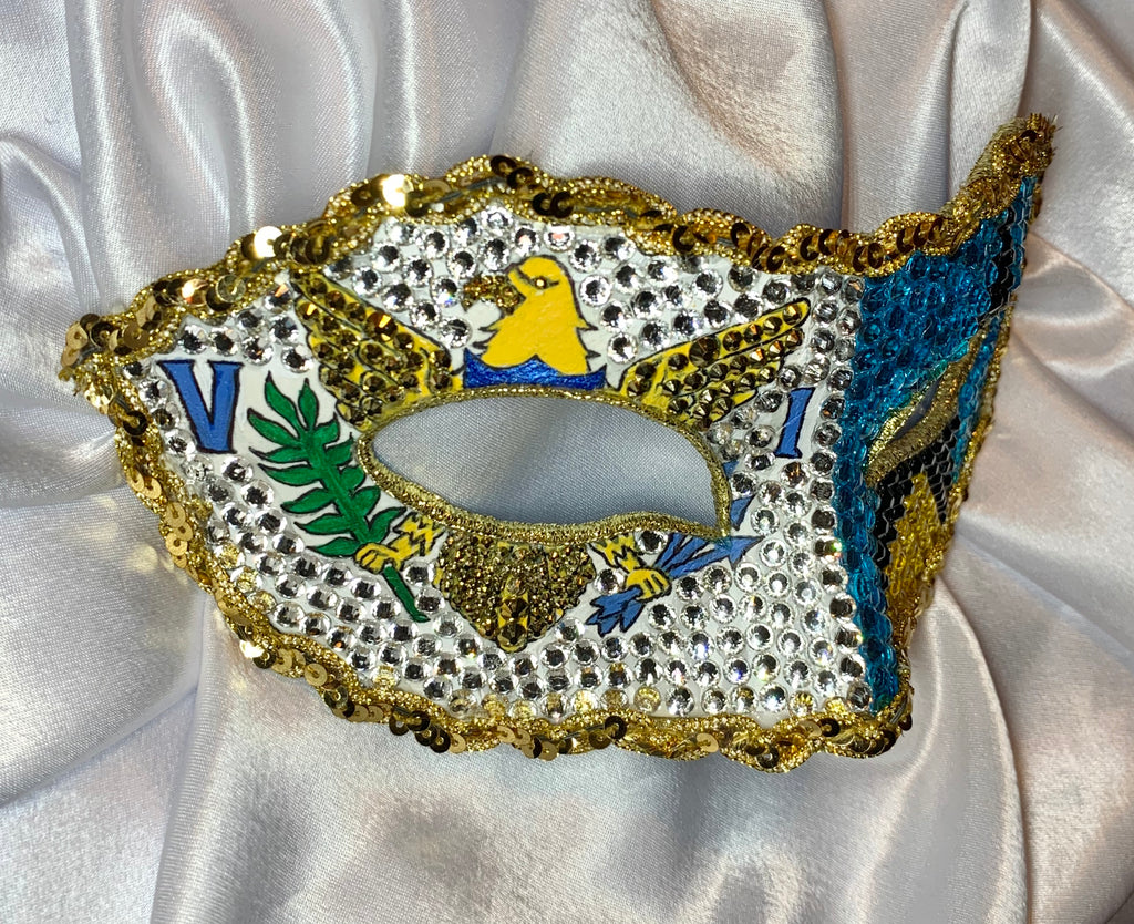 USVI & Saint Lucia Rhinestone Half Mask — Handcrafted Feather Masquerade Headpiece