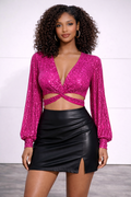 Fuchsia Sequin Long Sleeve Cropped Top