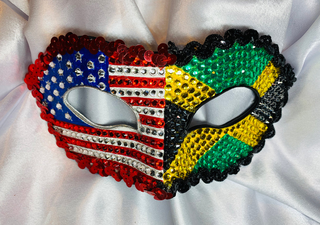 Jamaica Rhinestone Half Mask — Handcrafted Jamaican Flag Carnival Masquerade