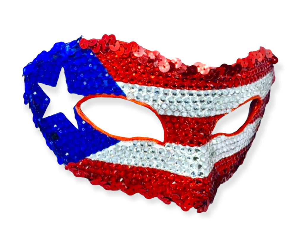 Puerto Rico Flag Rhinestone Half Mask - Handcrafted Caribbean Masquerade Mask