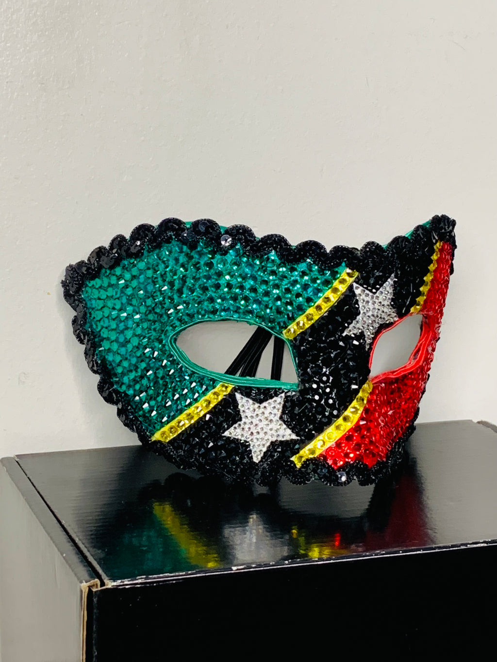 Saint Kitts & Nevis Rhinestone Half Mask — Handcrafted Caribbean Carnival Masquerade