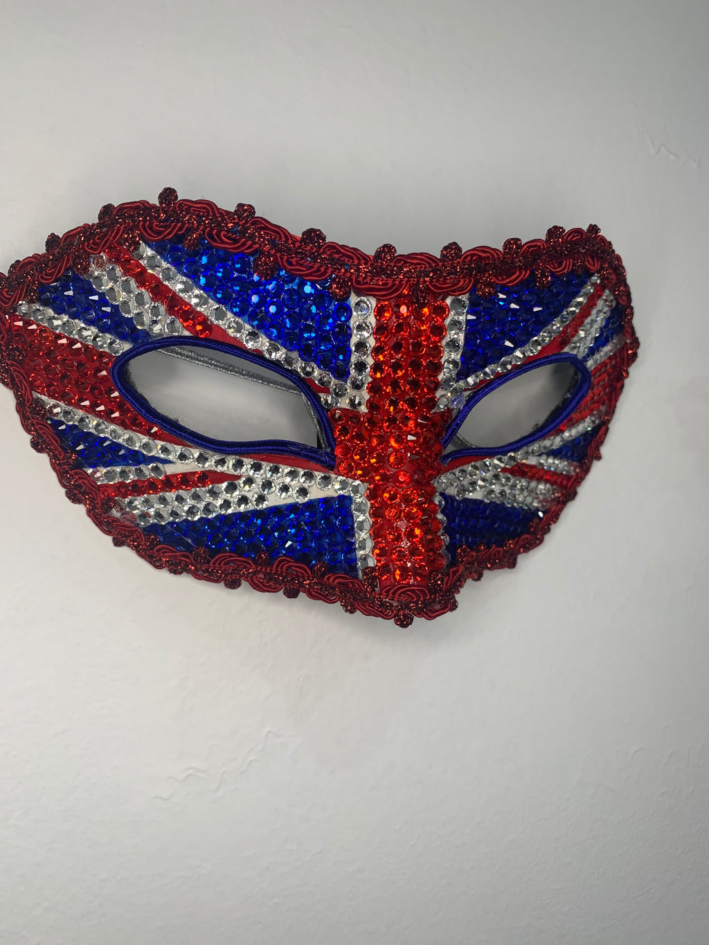 Union Jack Rhinestone Half Mask — Handcrafted Feather Masquerade Headpiece