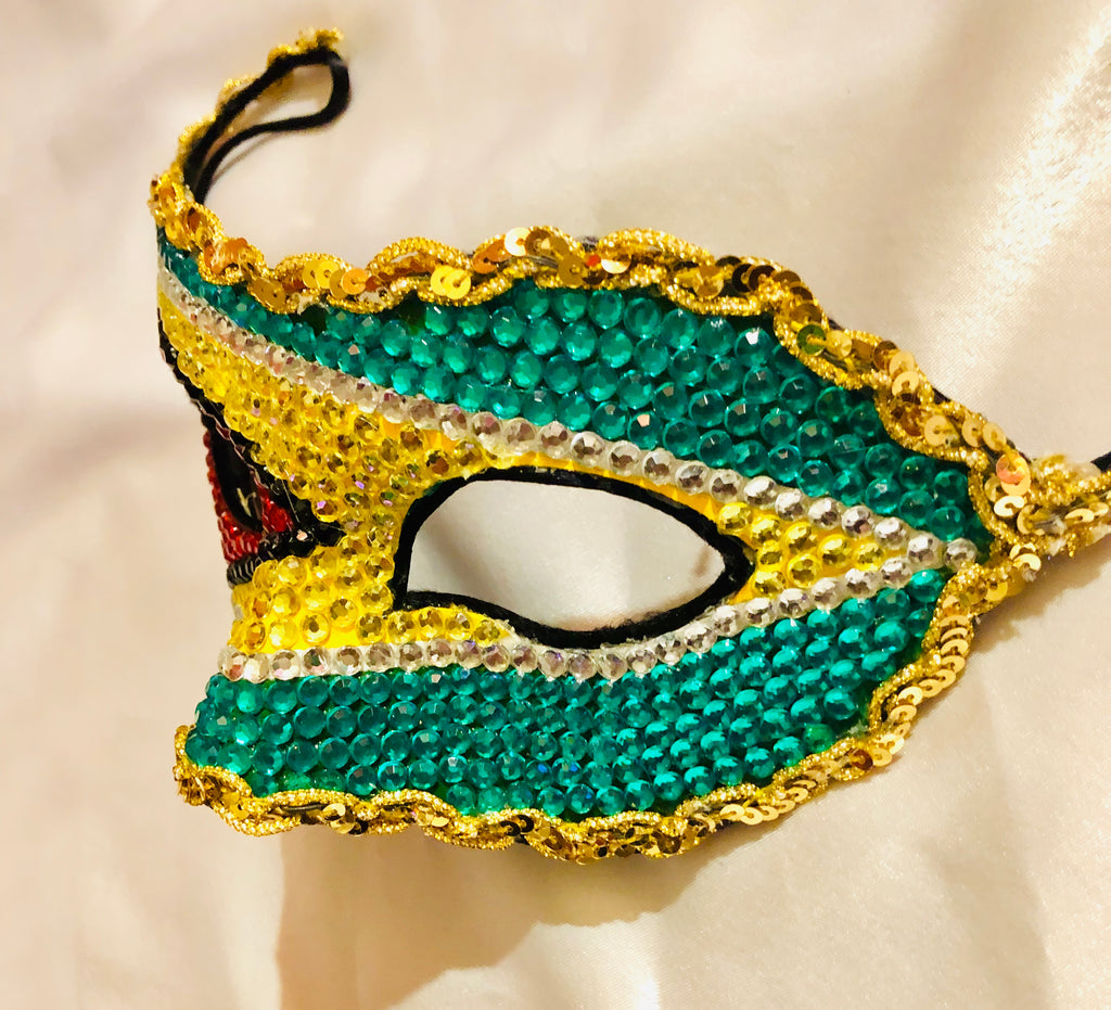 Golden Arrowhead — Guyana Flag Rhinestone Masquerade Mask