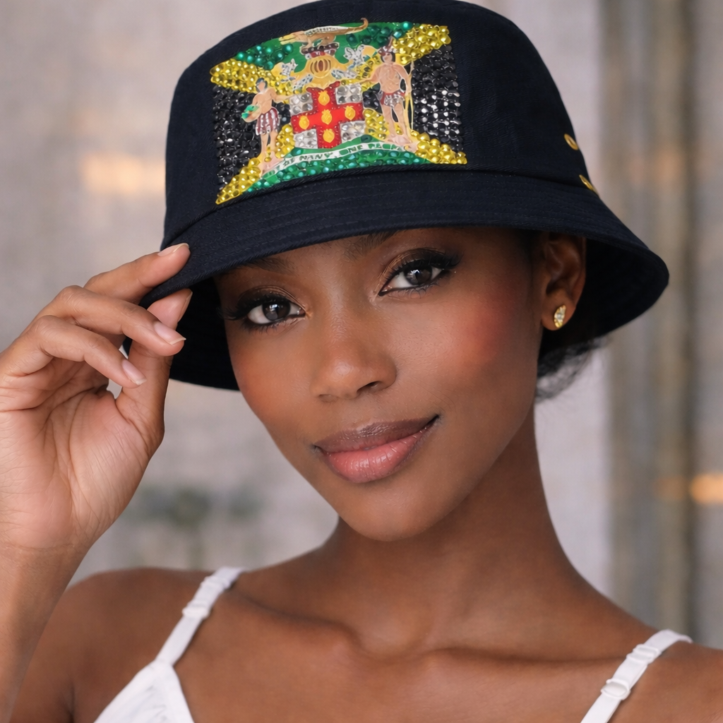 Jamaica Bucket Hat with Rhinestones and Crystals - Handcrafted Caribbean Pride Sun Hat, Festival Hat