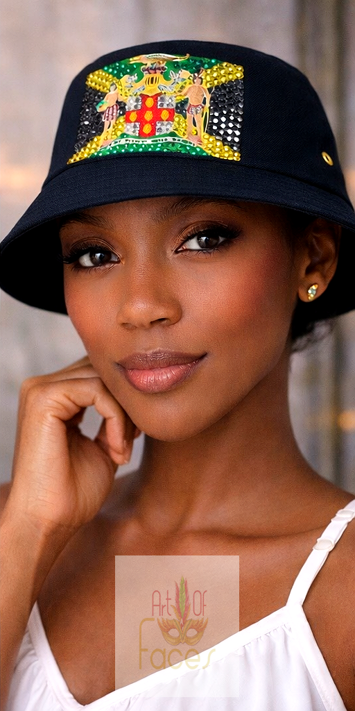 Jamaica Bucket Hat with Rhinestones and Crystals - Handcrafted Caribbean Pride Sun Hat, Festival Hat