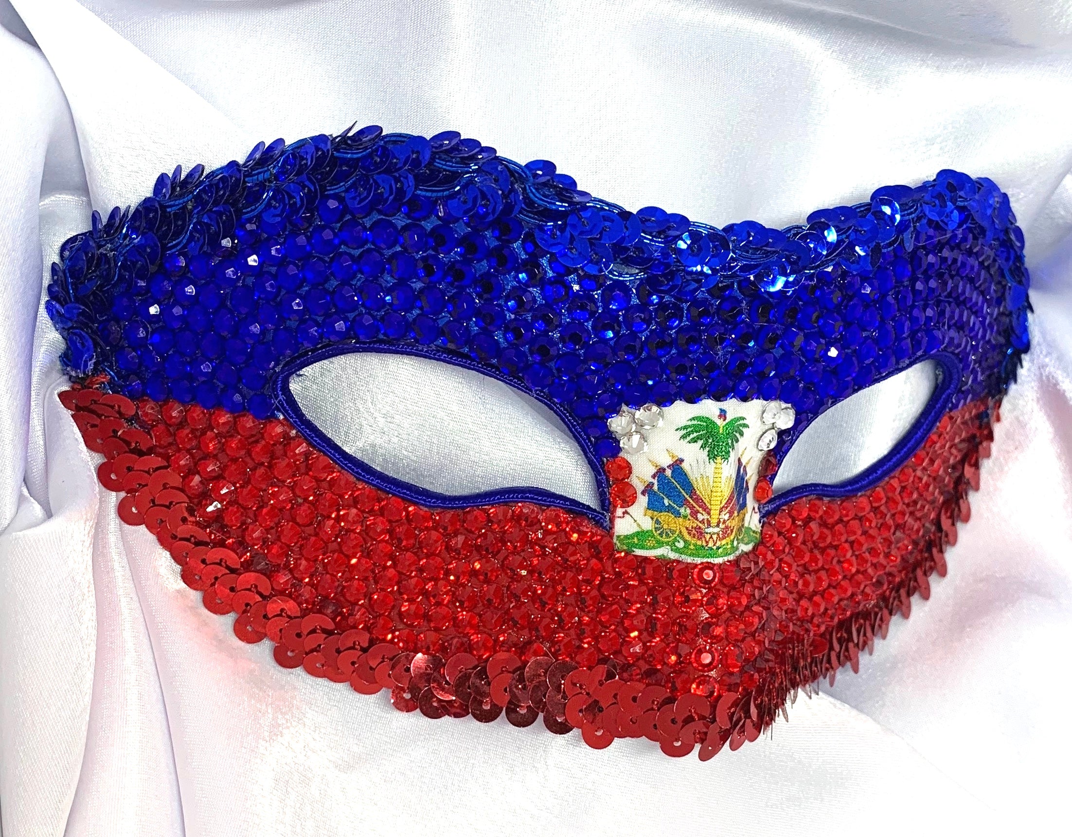Haiti Rhinestone Half Mask — Handcrafted Haitian Flag Carnival Masquerade