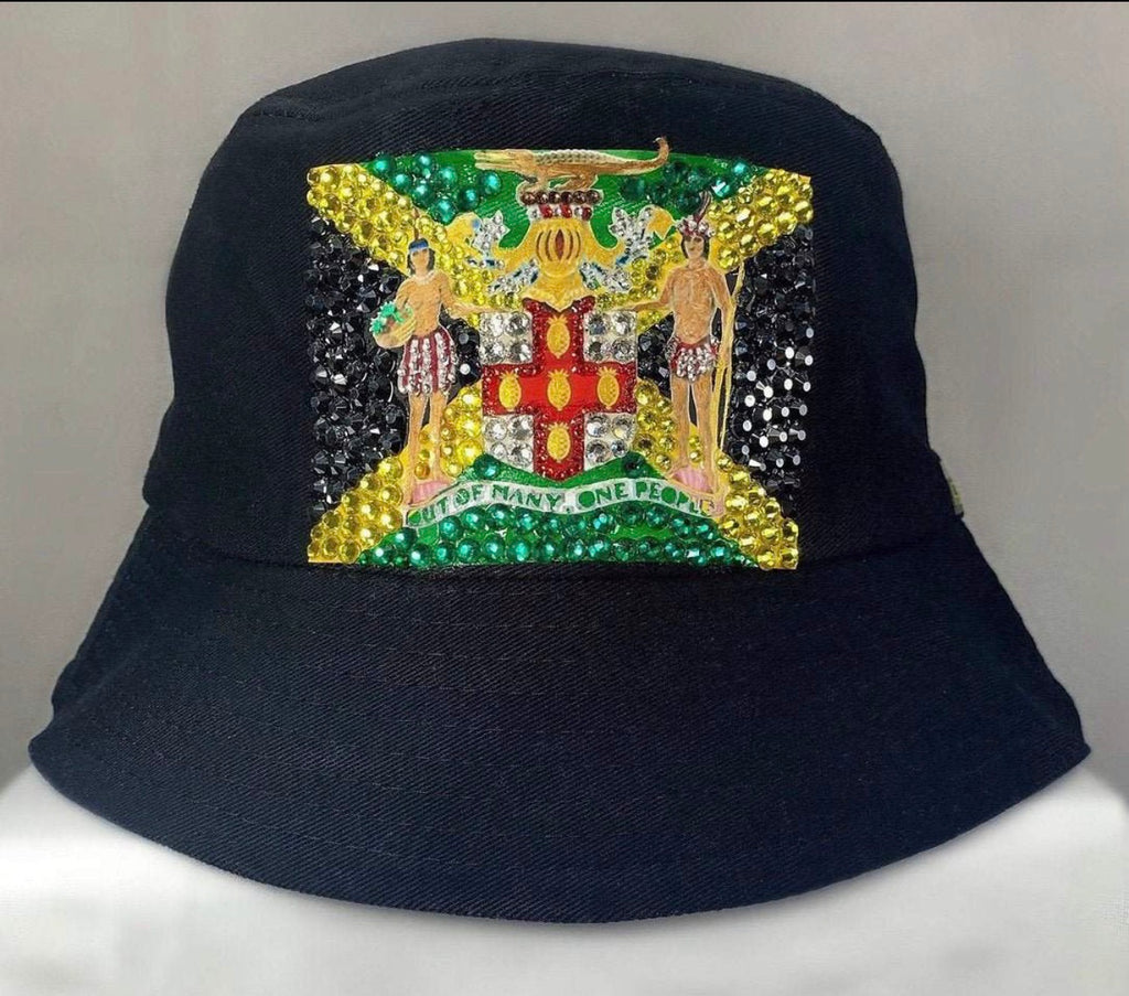 Jamaica Bucket Hat with Rhinestones and Crystals - Handcrafted Caribbean Pride Sun Hat, Festival Hat