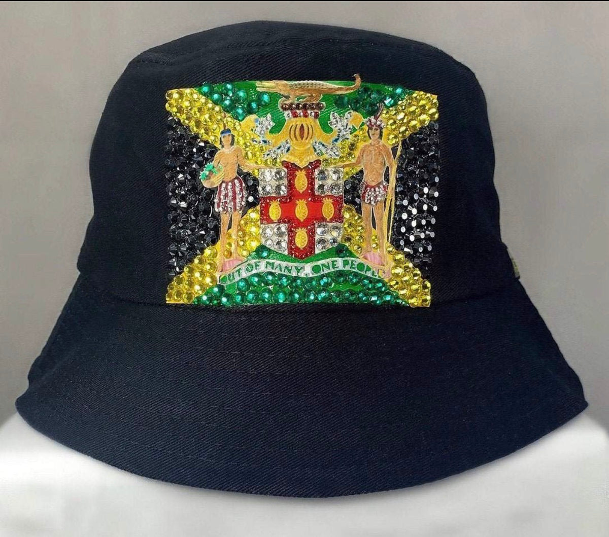 Jamaica Bucket Hat with Rhinestones and Crystals - Handcrafted Caribbean Pride Sun Hat, Festival Hat
