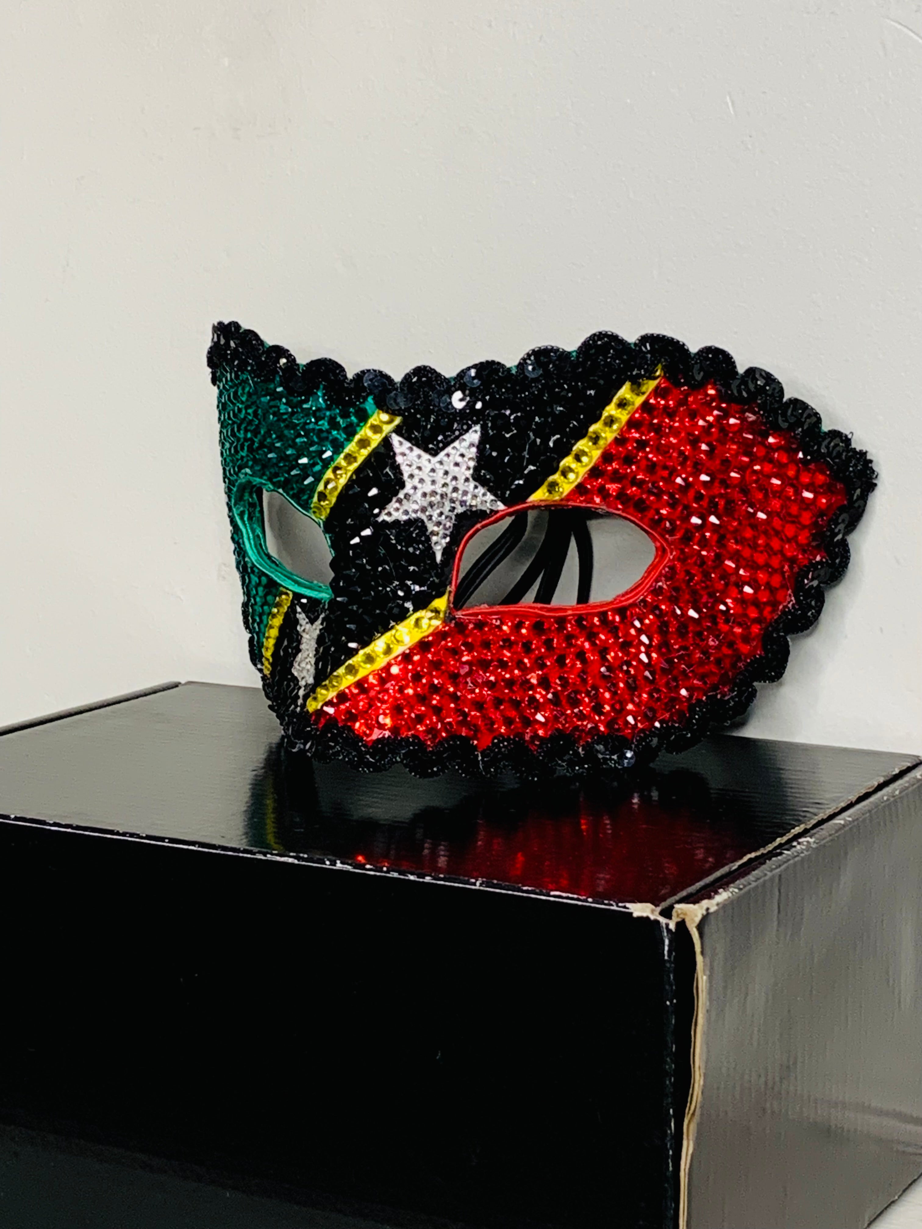 Saint Kitts & Nevis Rhinestone Half Mask — Handcrafted Caribbean Carnival Masquerade