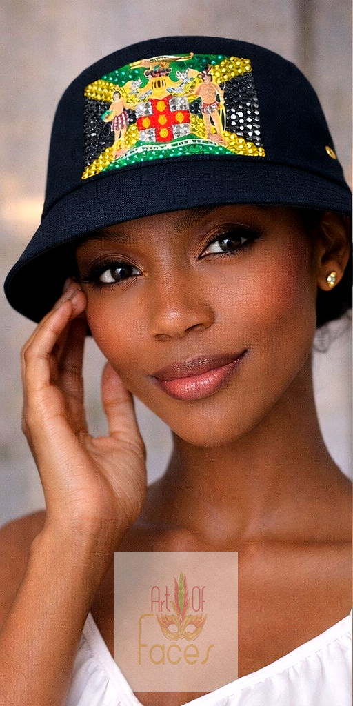 Jamaica Bucket Hat with Rhinestones and Crystals - Handcrafted Caribbean Pride Sun Hat, Festival Hat