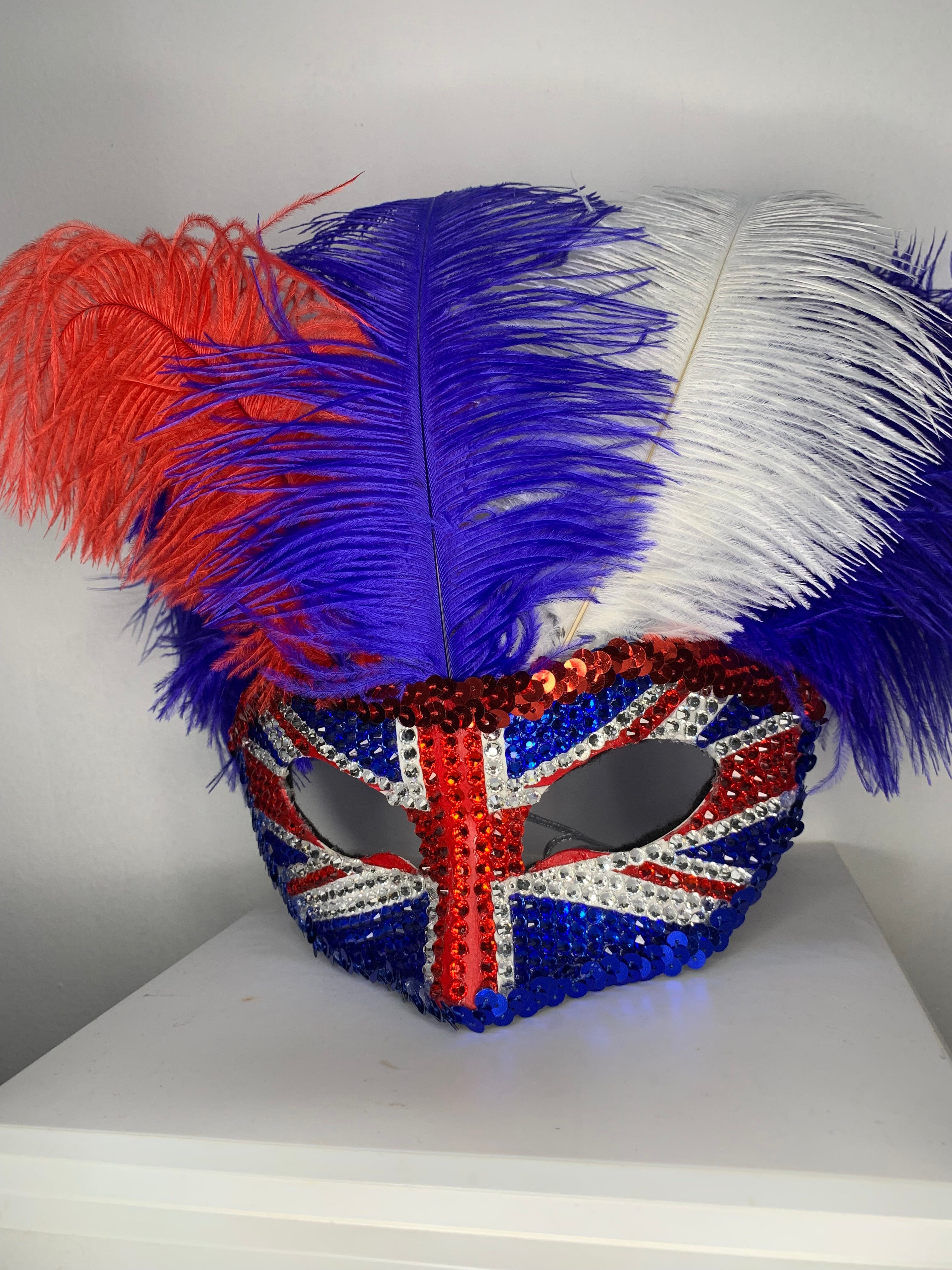 Union Jack Rhinestone Half Mask — Handcrafted Feather Masquerade Headpiece