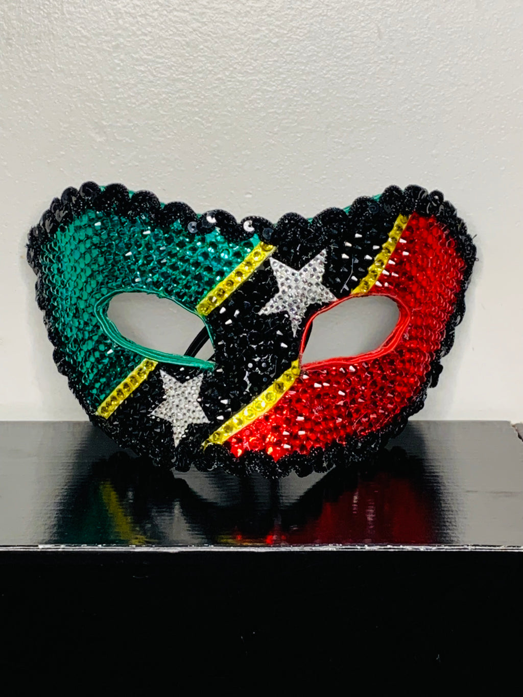 Saint Kitts & Nevis Rhinestone Half Mask — Handcrafted Caribbean Carnival Masquerade