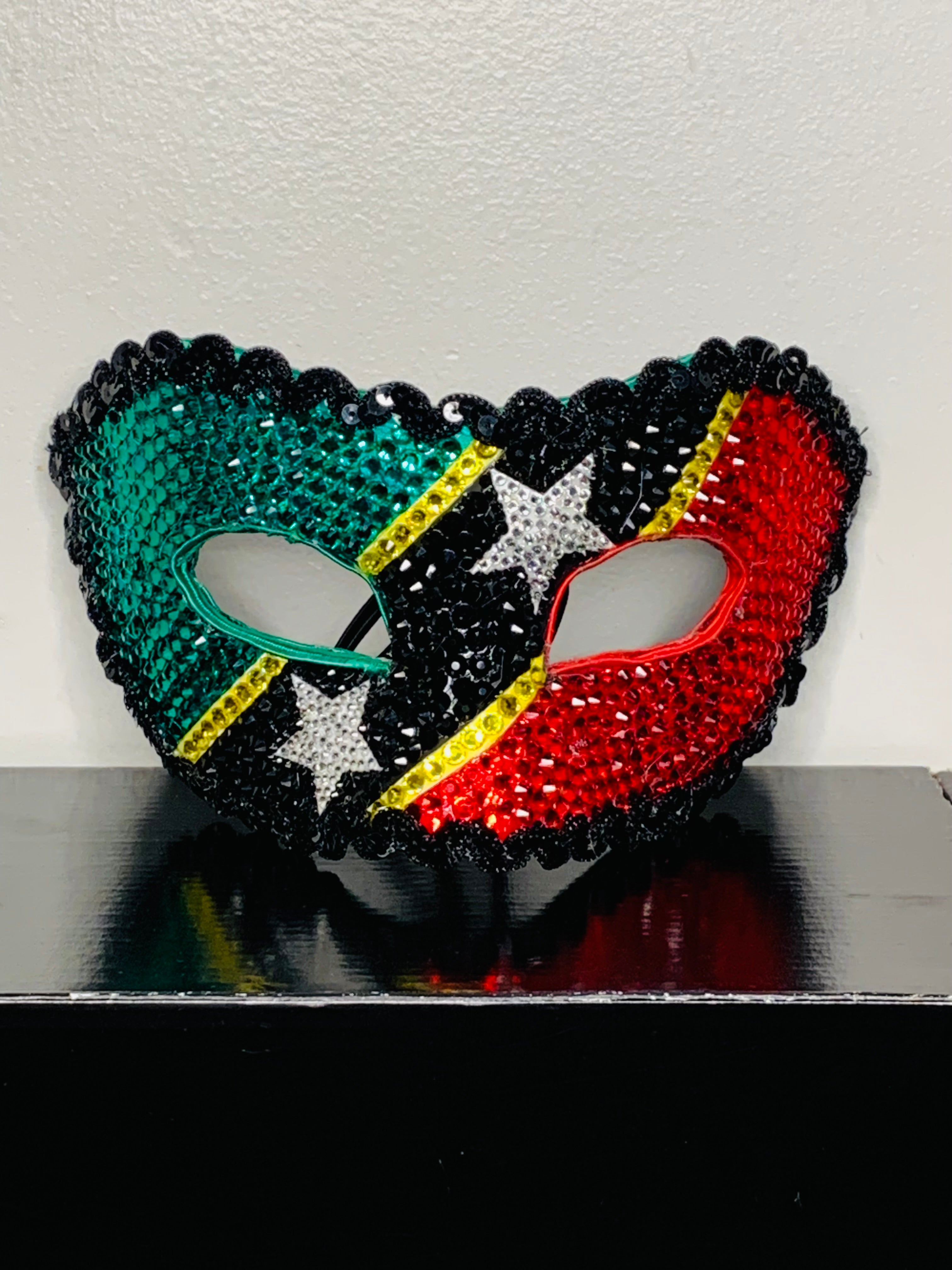 Saint Kitts & Nevis Rhinestone Half Mask — Handcrafted Caribbean Carnival Masquerade