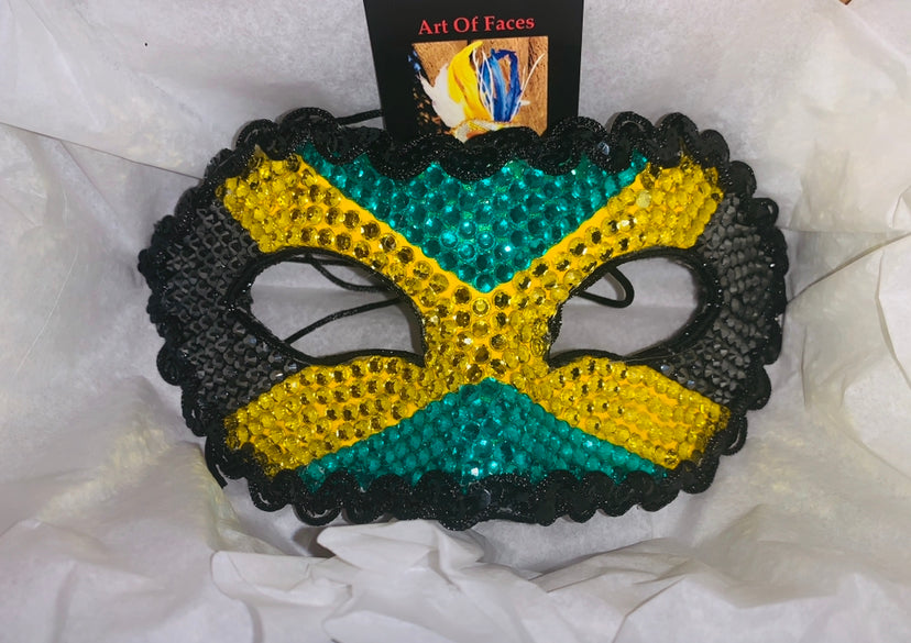 Jamaica Rhinestone Half Mask — Handcrafted Jamaican Flag Carnival Masquerade