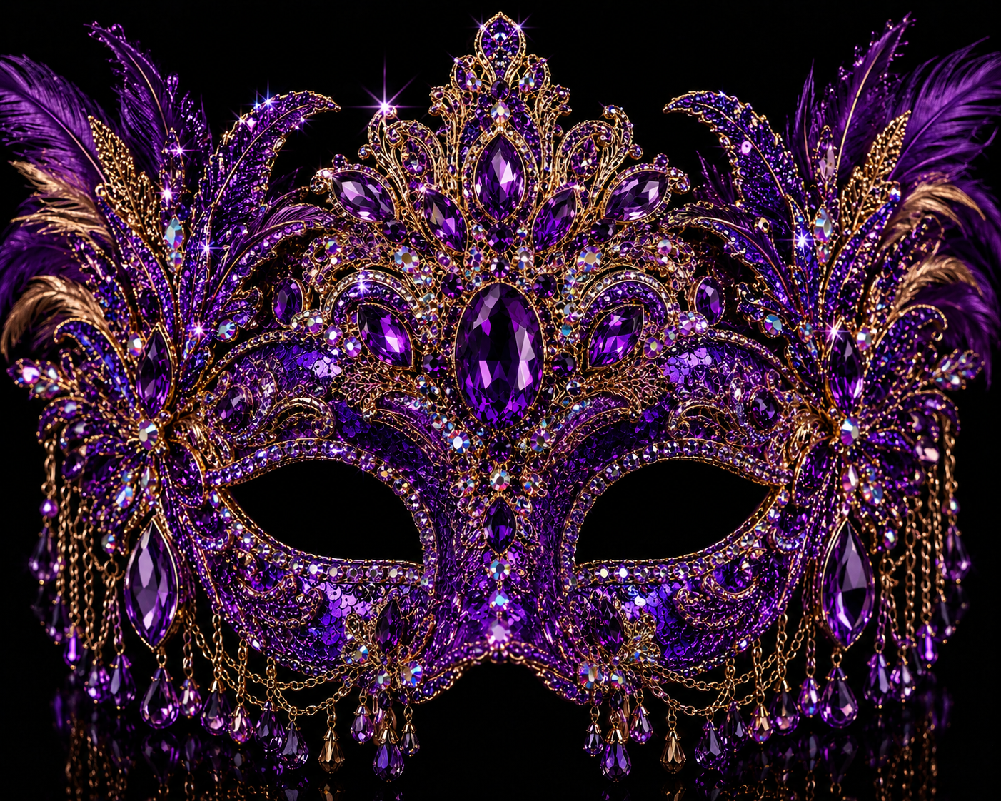 Purple Amethyst Rhinestone Masquerade Mask — Handcrafted Crystal & Gold Filigree Headpiece