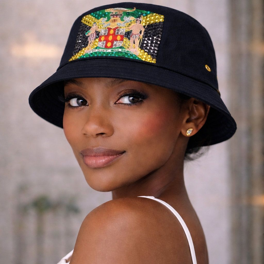 Jamaica Bucket Hat with Rhinestones and Crystals - Handcrafted Caribbean Pride Sun Hat, Festival Hat
