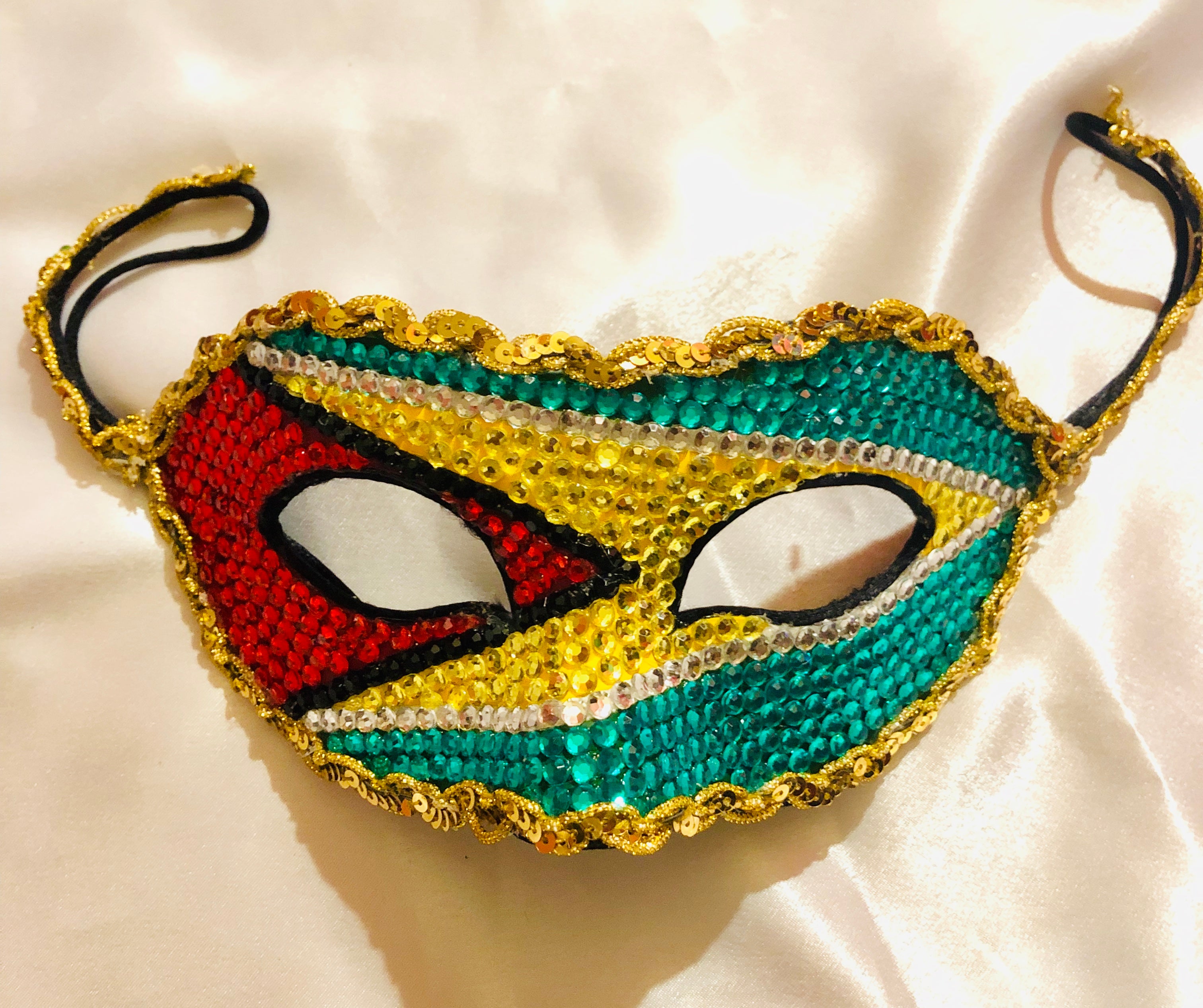 Golden Arrowhead — Guyana Flag Rhinestone Masquerade Mask