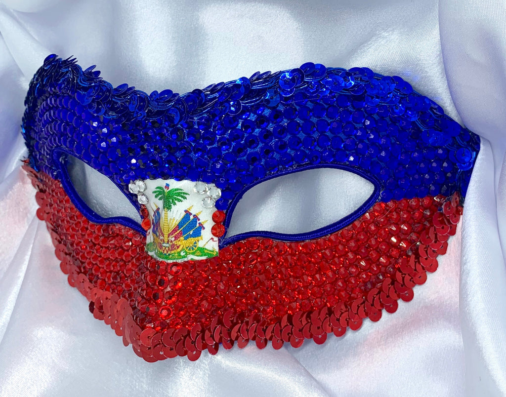 Haiti Rhinestone Half Mask — Handcrafted Haitian Flag Carnival Masquerade