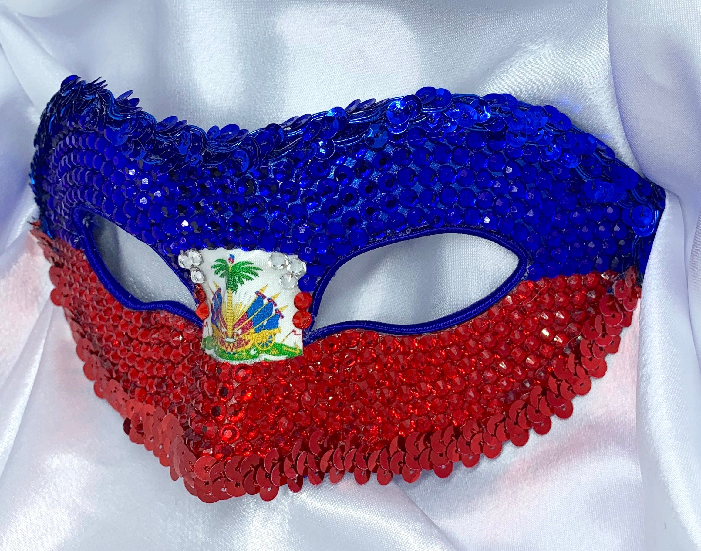 Haiti Rhinestone Half Mask — Handcrafted Haitian Flag Carnival Masquerade