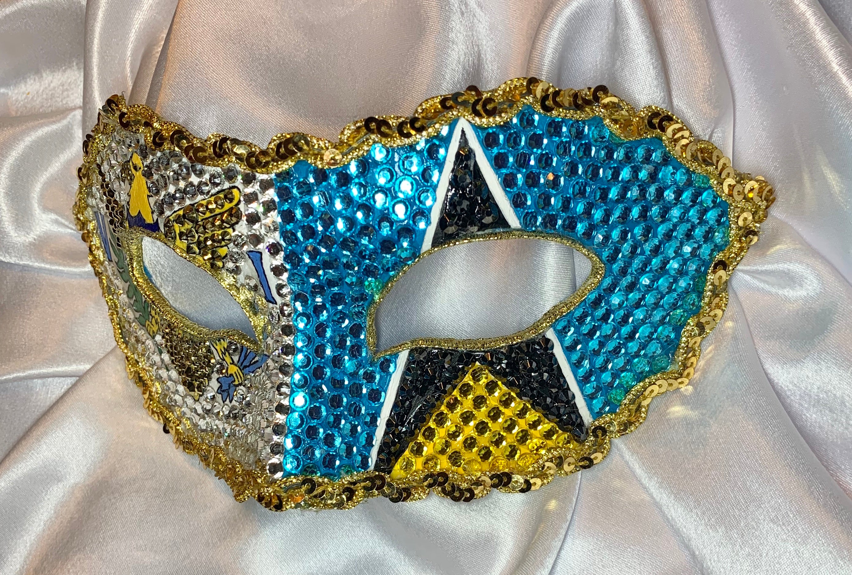 USVI & Saint Lucia Rhinestone Half Mask — Handcrafted Feather Masquerade Headpiece