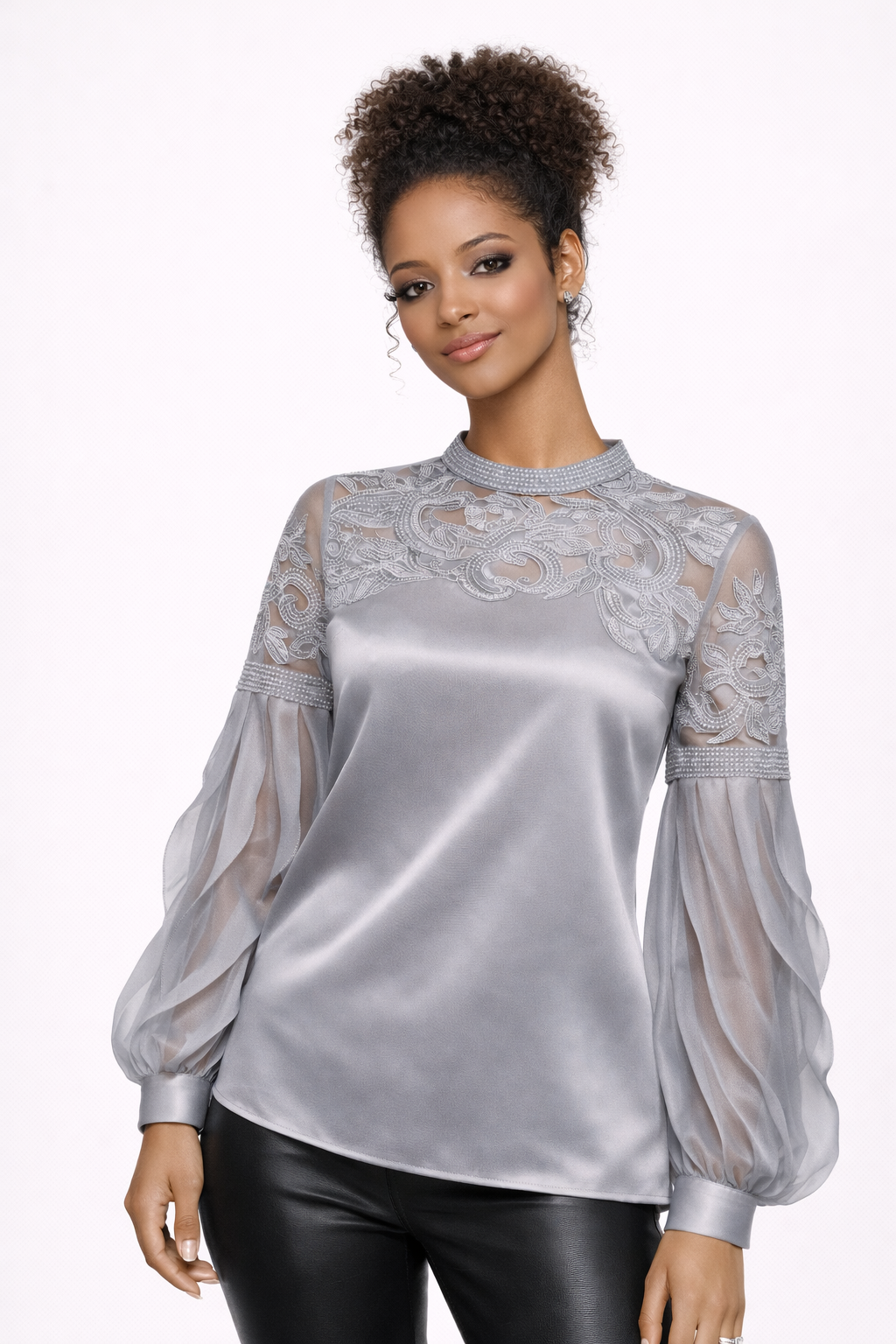Grey Silk Sheer Flare Blouse — 100% Pure Silk Long Sleeve