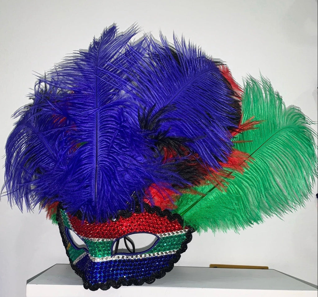 Carnival Rhinestone Half Mask — South African Flag Feather Headpiece