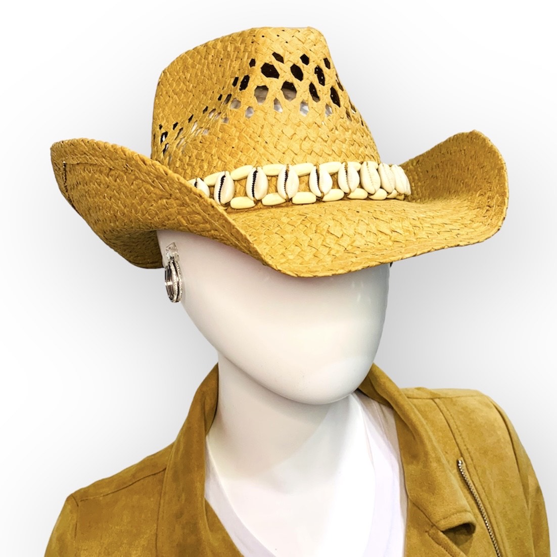 Cream Straw Cowboy Hat with Cowshells