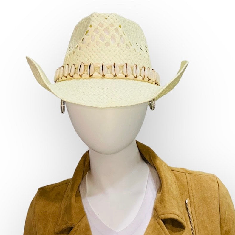 Cream Straw Cowboy Hat with Cowshells