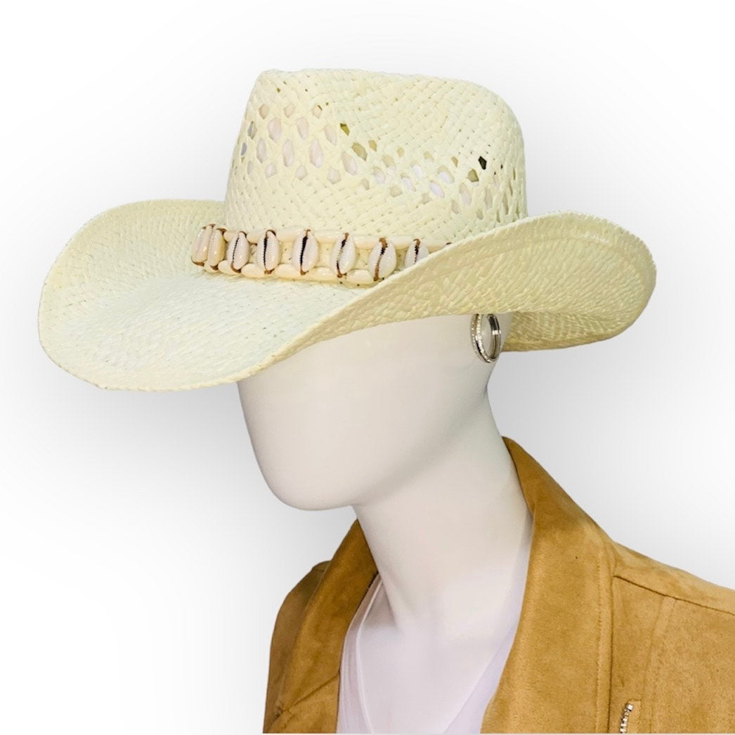 Cream Straw Cowboy Hat with Cowshells