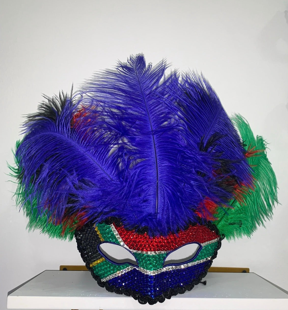 Carnival Rhinestone Half Mask — South African Flag Feather Headpiece