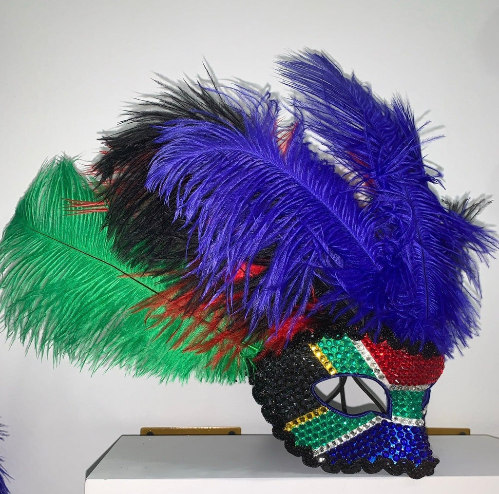 Carnival Rhinestone Half Mask — South African Flag Feather Headpiece