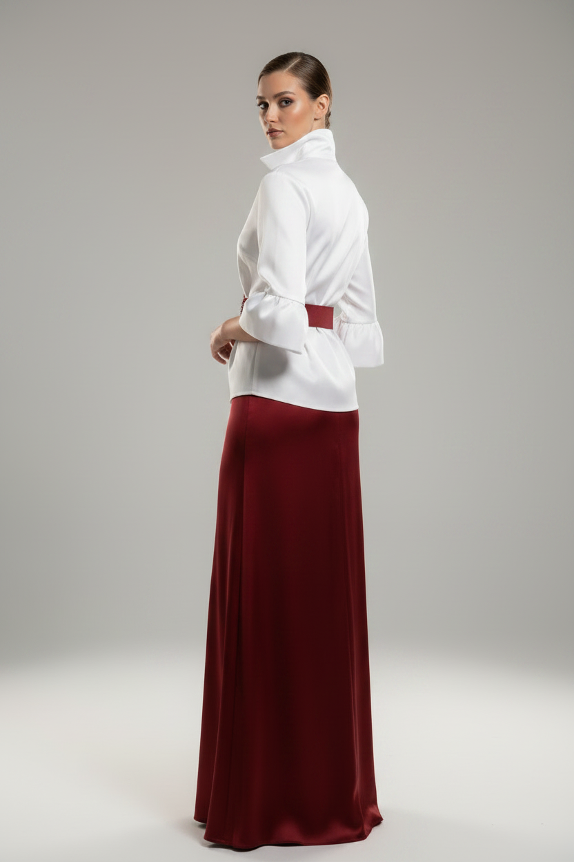 Back View - White Blouse Red Belt Burgundy Skirt