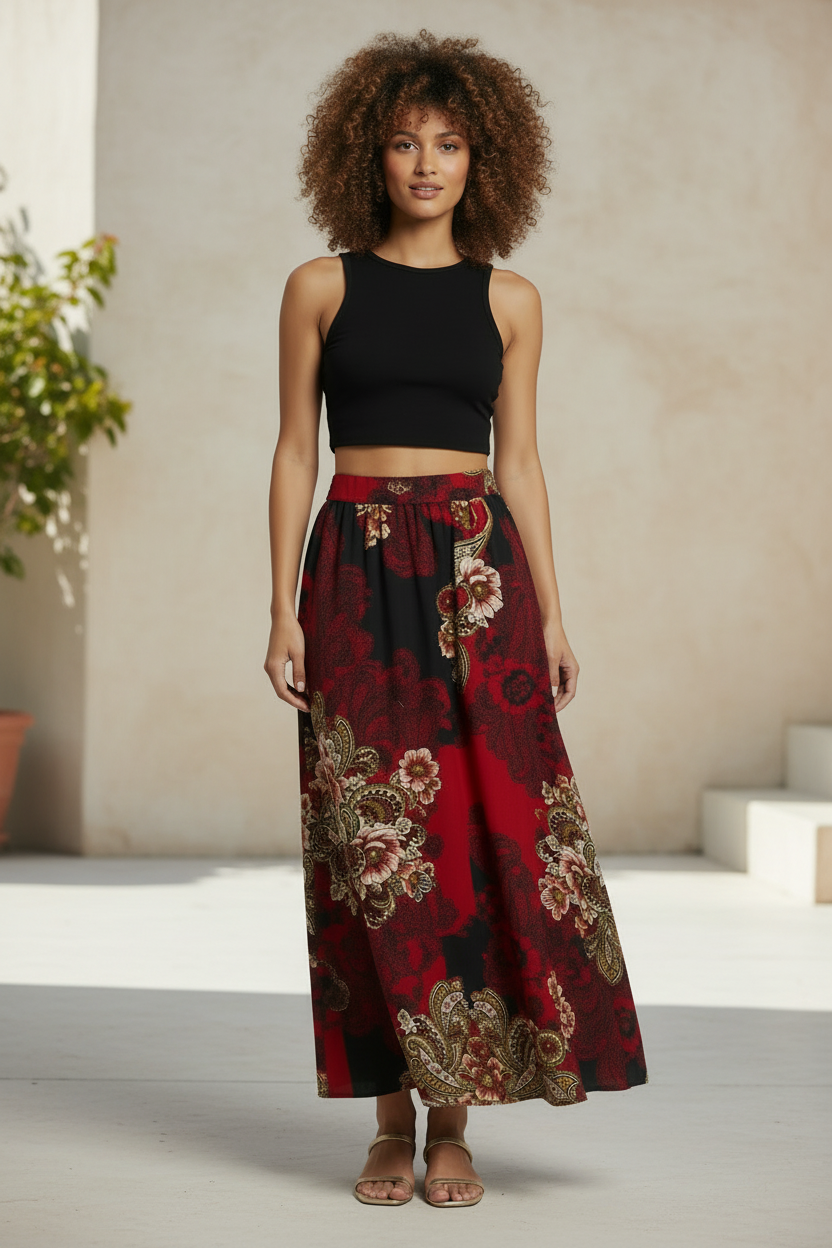 Clean Background Model Showcasing Paisley Skirt