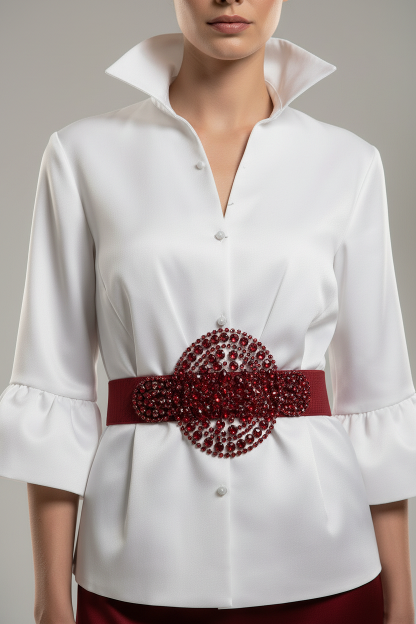 Close-Up of White Blazer with Red Rhinestone Belt