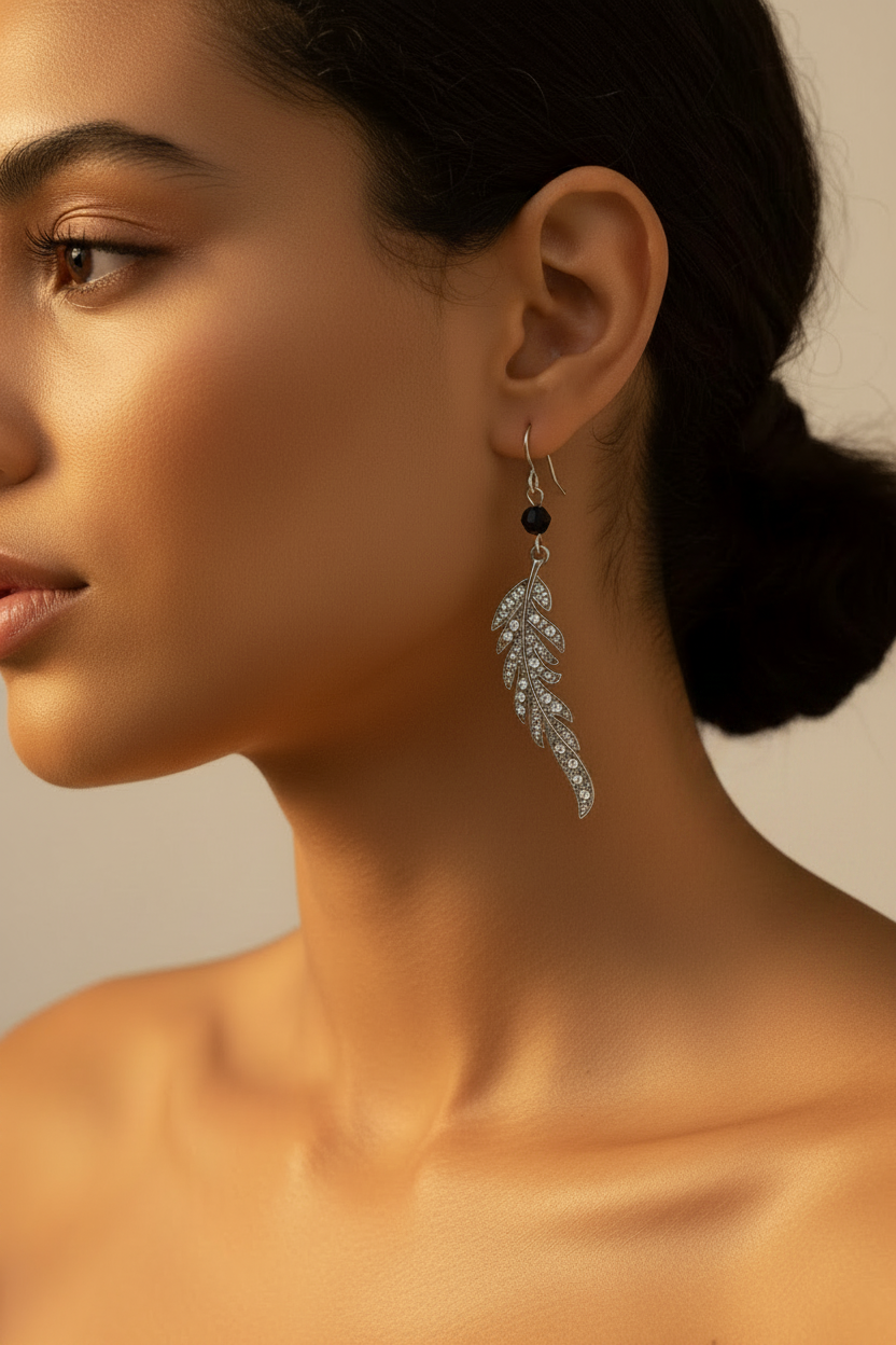 Crystal Feather Earrings - Hair Up Pose