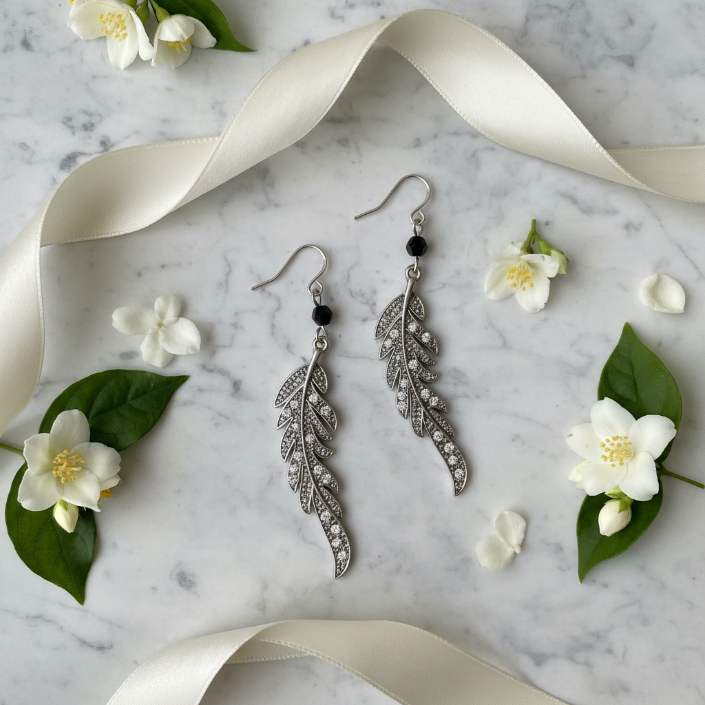 Crystal Feather Earrings - Styled Flat Lay