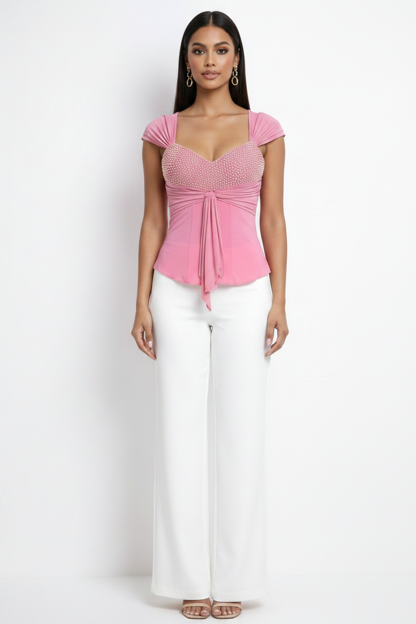 Direct Front View - Pink Pearl Ruched Top