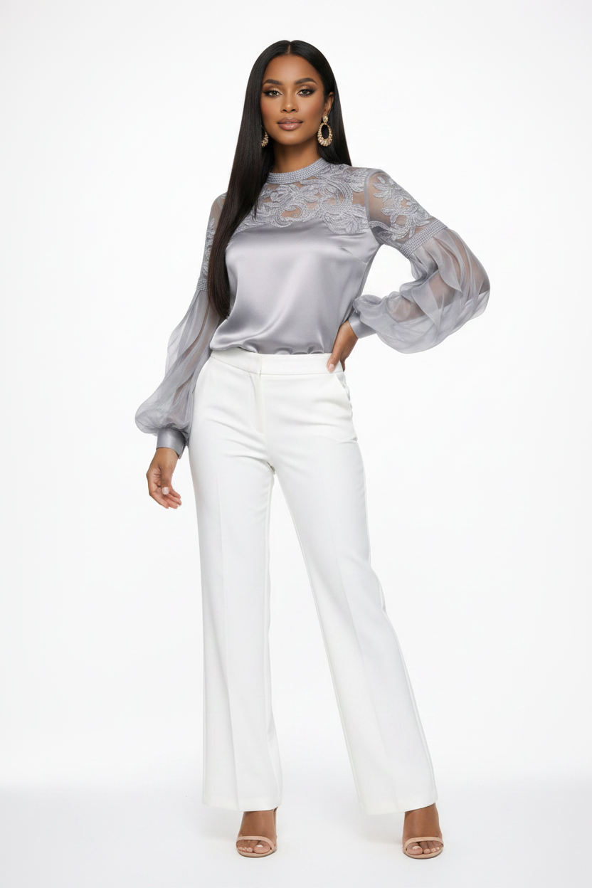 Front View - Grey Silk Sheer Flare Blouse