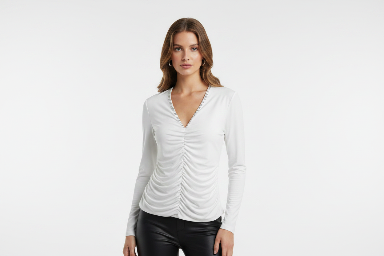 Full View of White Ruched Rhinestone Top on Model