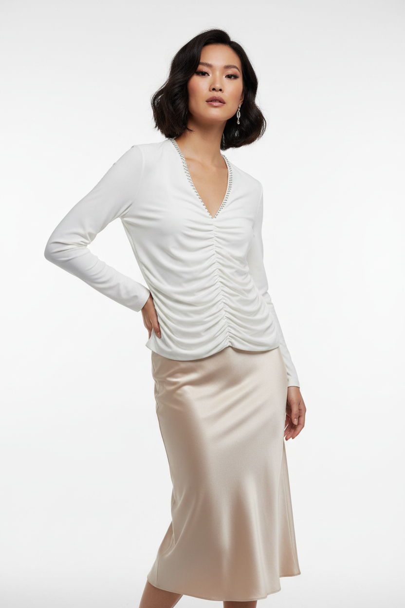 Gorgeous Model in White Ruched Rhinestone Top