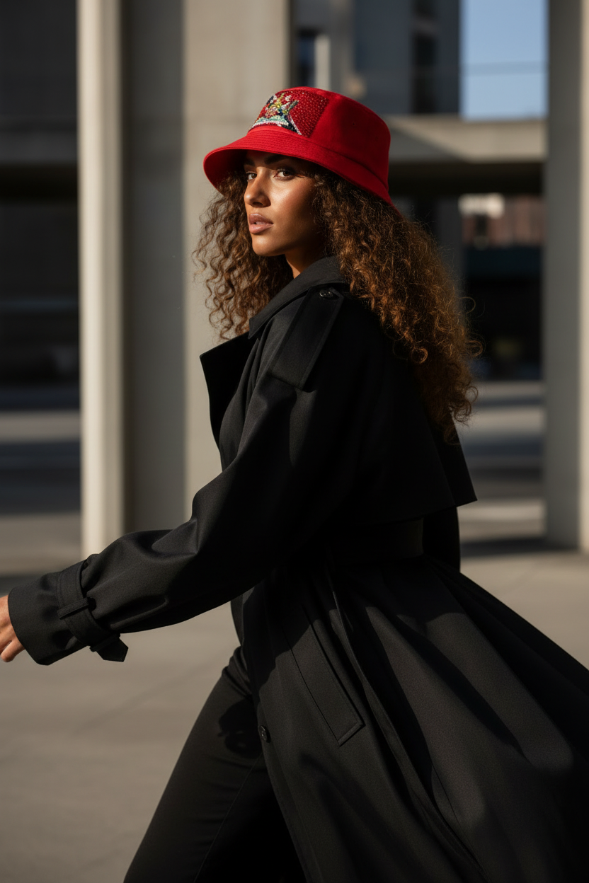High fashion model different pose in red T&T bucket hat
