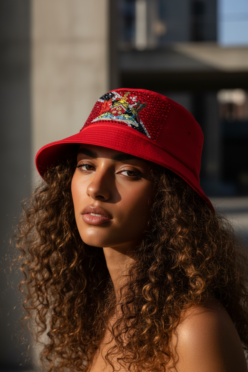 High fashion olive skin curly hair model in red bucket hat